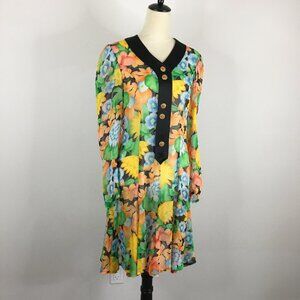 BLUE MOMENT Italy Sheer Multi-Color Floral Print Silk Blend Long Shirt/Dress